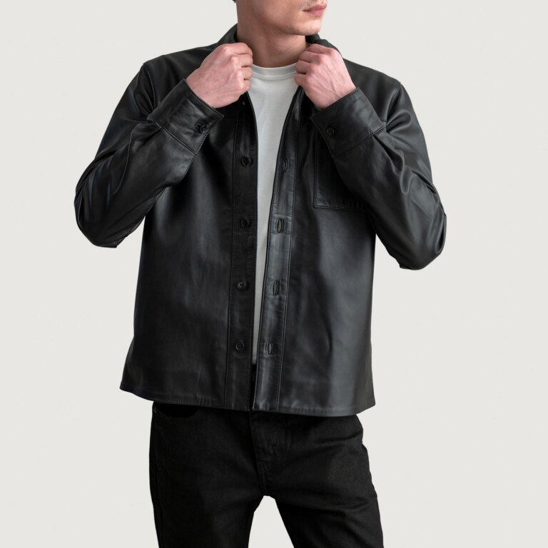 Mens Scout Black Leather Shirt Open Front-4-1724247694088